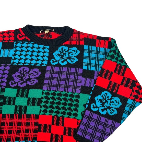Vintage 80s Mixed Print Floral Colorblock Crewneck Sweater USA Womens L Large - Picture 3 of 6